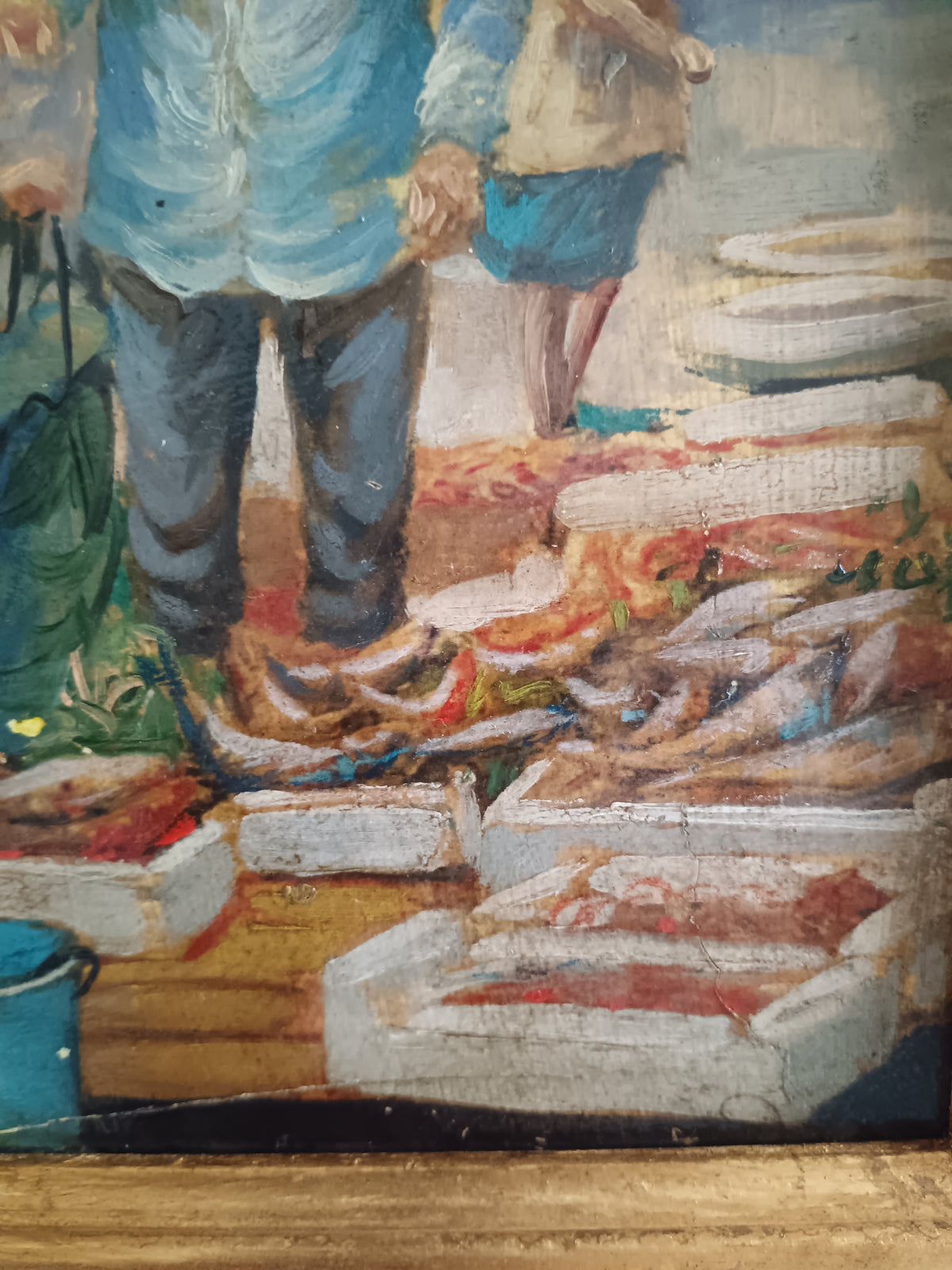 Dipinto Olio su Pannello Scena di Mercato del Pesce Figure Popolari XX Secolo