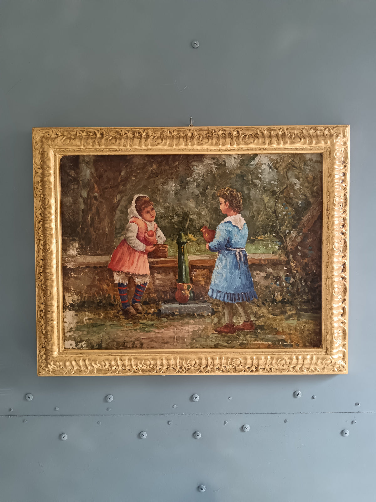 Dipinto Olio su Legno Bambine in Giardino Scena di Genere Epoca XX Secolo Cornice Dorata