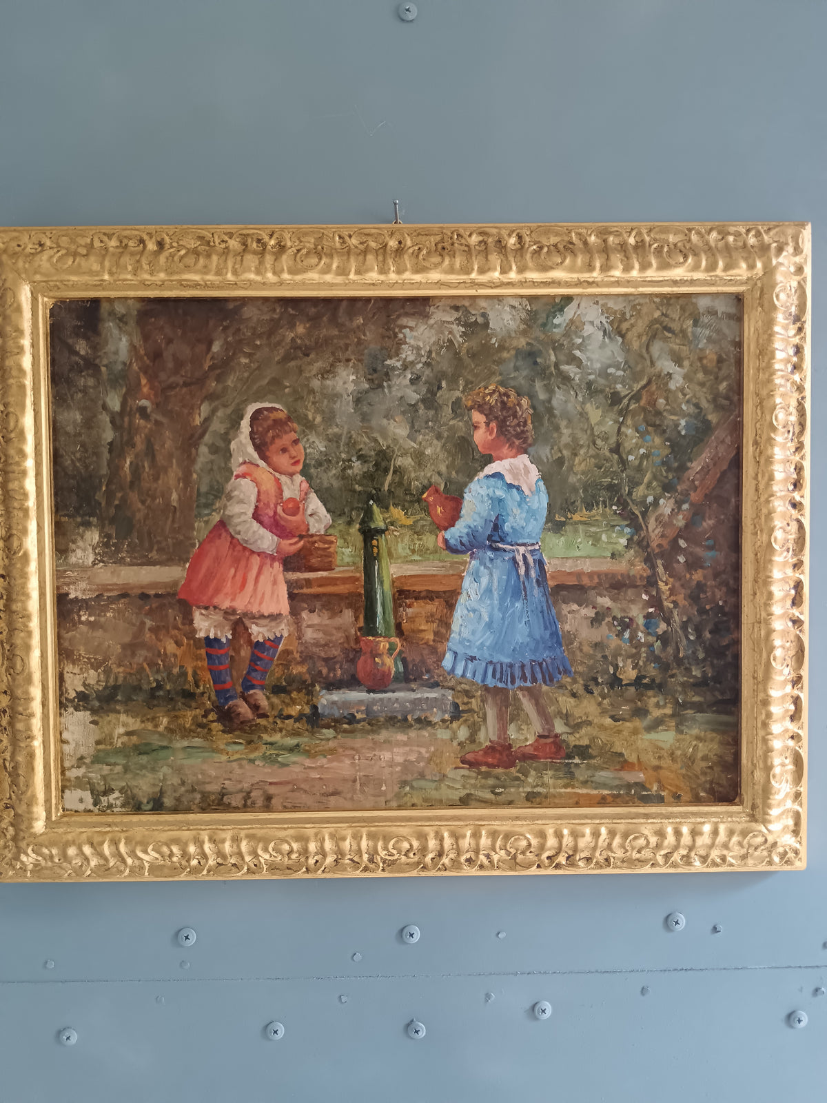 Dipinto Olio su Legno Bambine in Giardino Scena di Genere Epoca XX Secolo Cornice Dorata