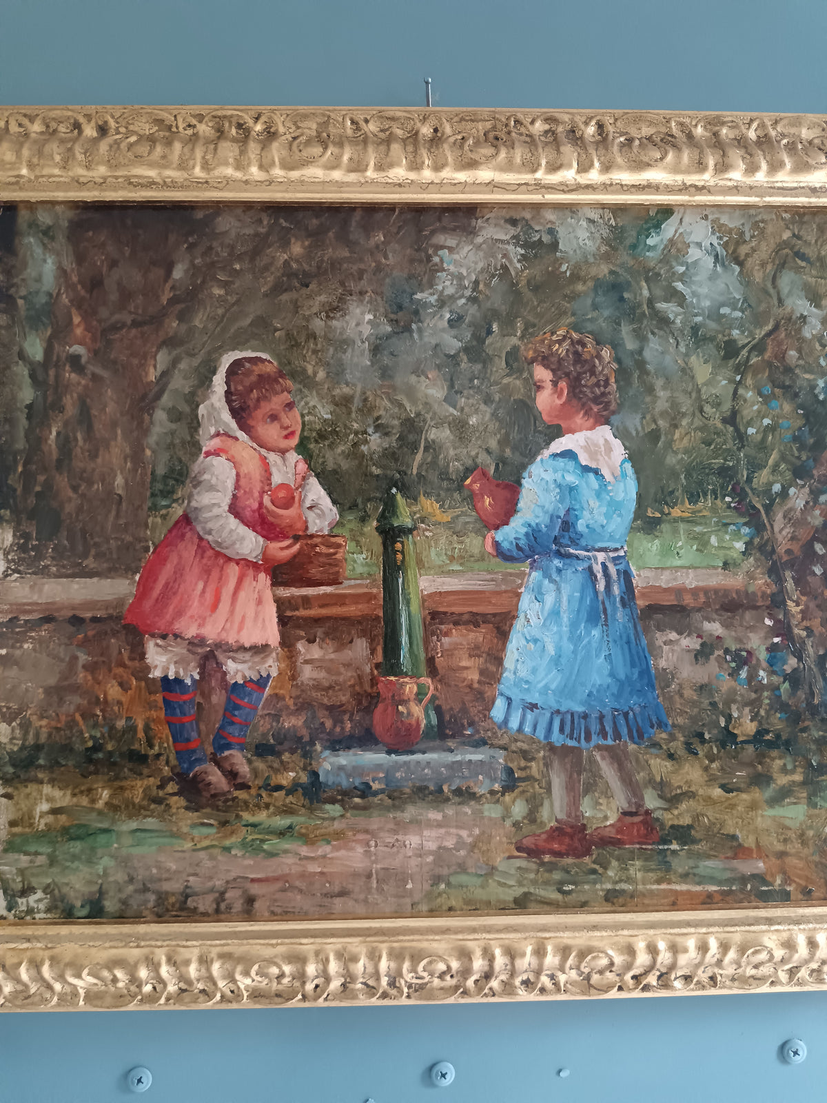 Dipinto Olio su Legno Bambine in Giardino Scena di Genere Epoca XX Secolo Cornice Dorata