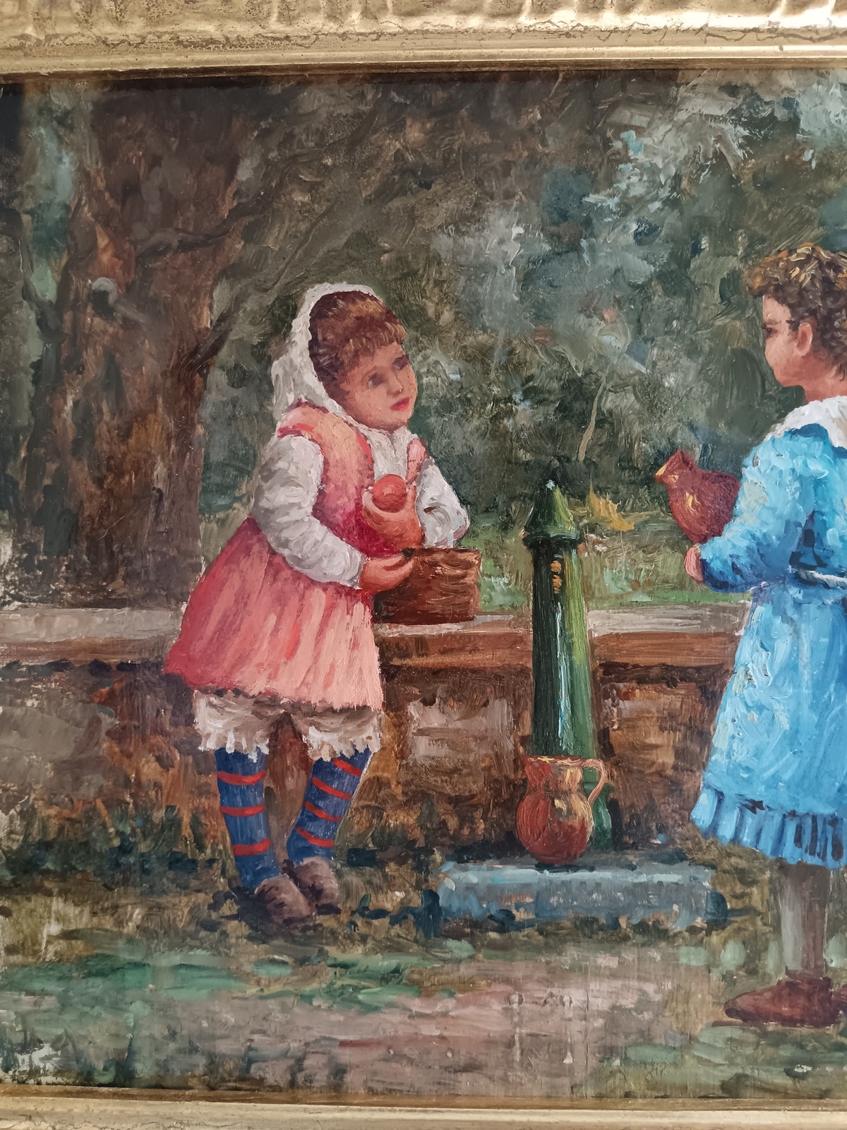 Dipinto Olio su Legno Bambine in Giardino Scena di Genere Epoca XX Secolo Cornice Dorata
