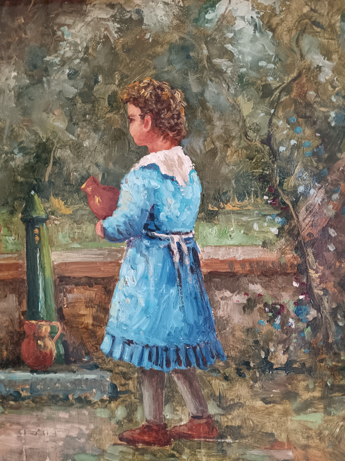 Dipinto Olio su Legno Bambine in Giardino Scena di Genere Epoca XX Secolo Cornice Dorata