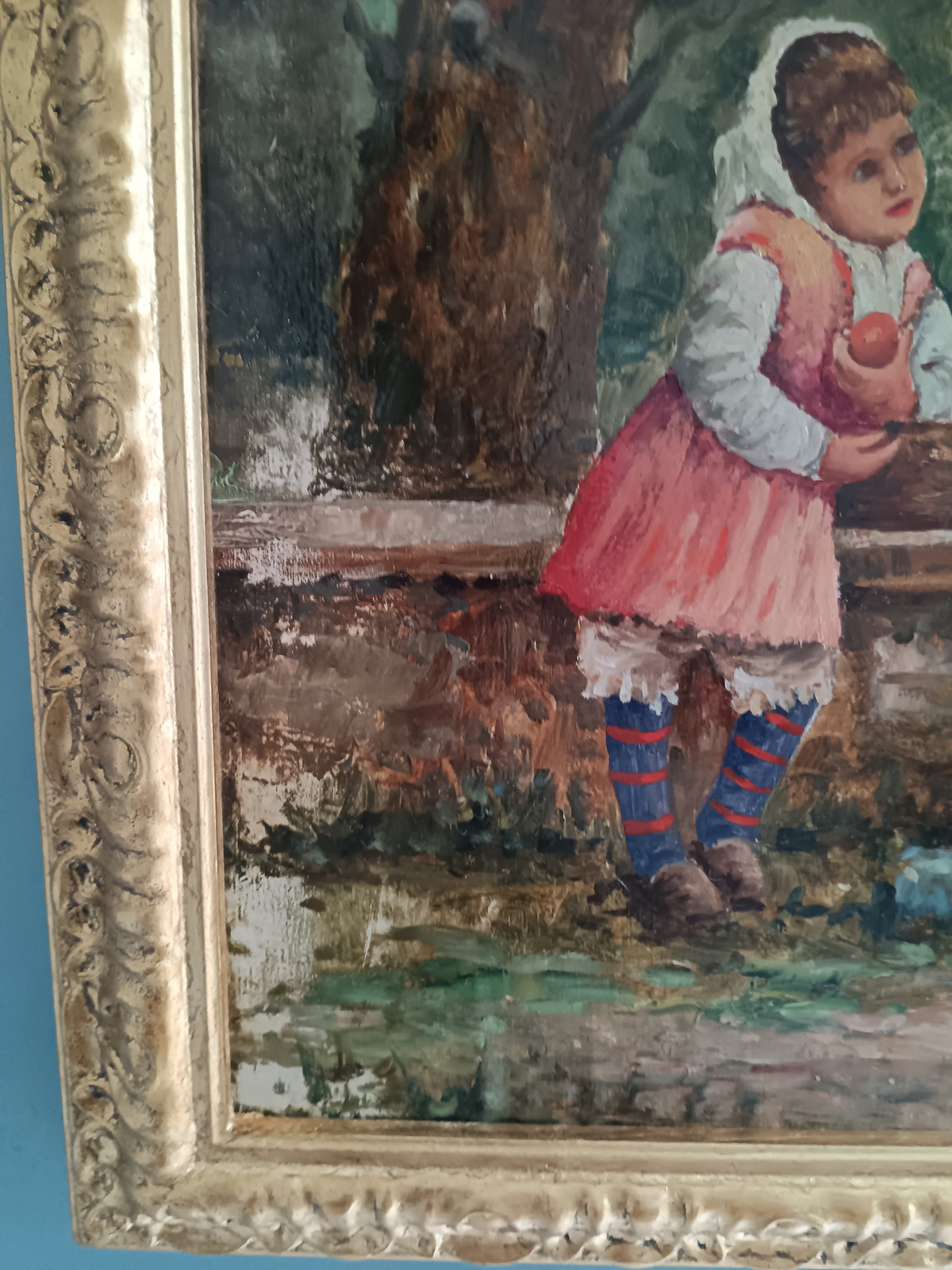 Dipinto Olio su Legno Bambine in Giardino Scena di Genere Epoca XX Secolo Cornice Dorata