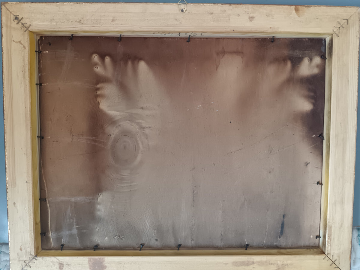 Dipinto Olio su Legno Bambine in Giardino Scena di Genere Epoca XX Secolo Cornice Dorata