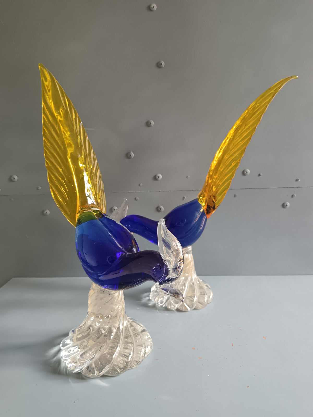 Vintage Murano Glass Birds of Paradise 1970s Sommerso Gold Leaf 34cm PERFECT