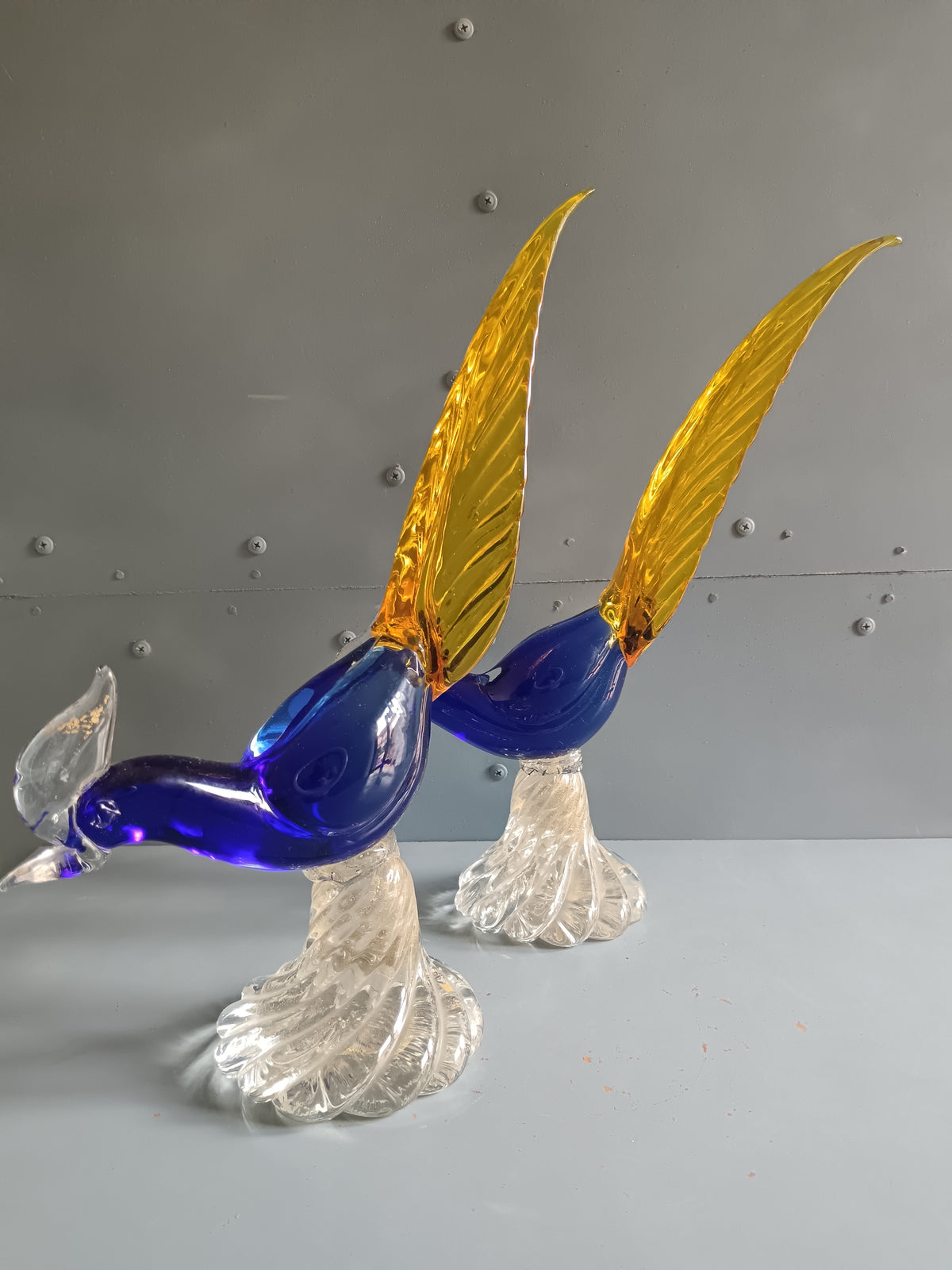 Vintage Murano Glass Birds of Paradise 1970s Sommerso Gold Leaf 34cm PERFECT