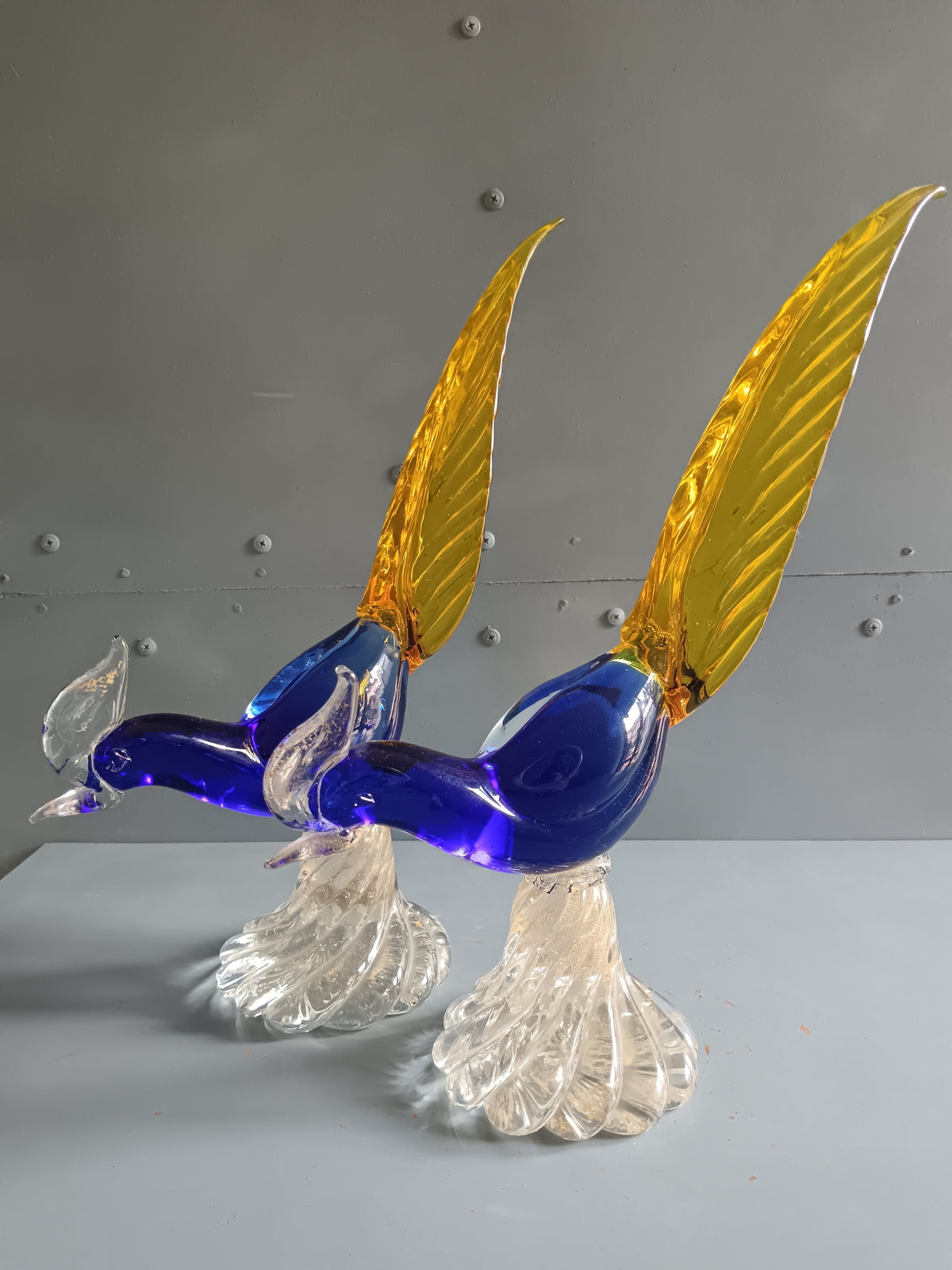 Vintage Murano Glass Birds of Paradise 1970s Sommerso Gold Leaf 34cm PERFECT