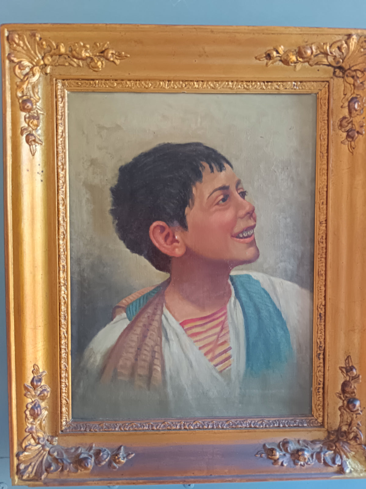 Ritratto di Scugnizzo Napoletano – Olio su Tela – Pittura Italiana XX Secolo – Cornice Dorata