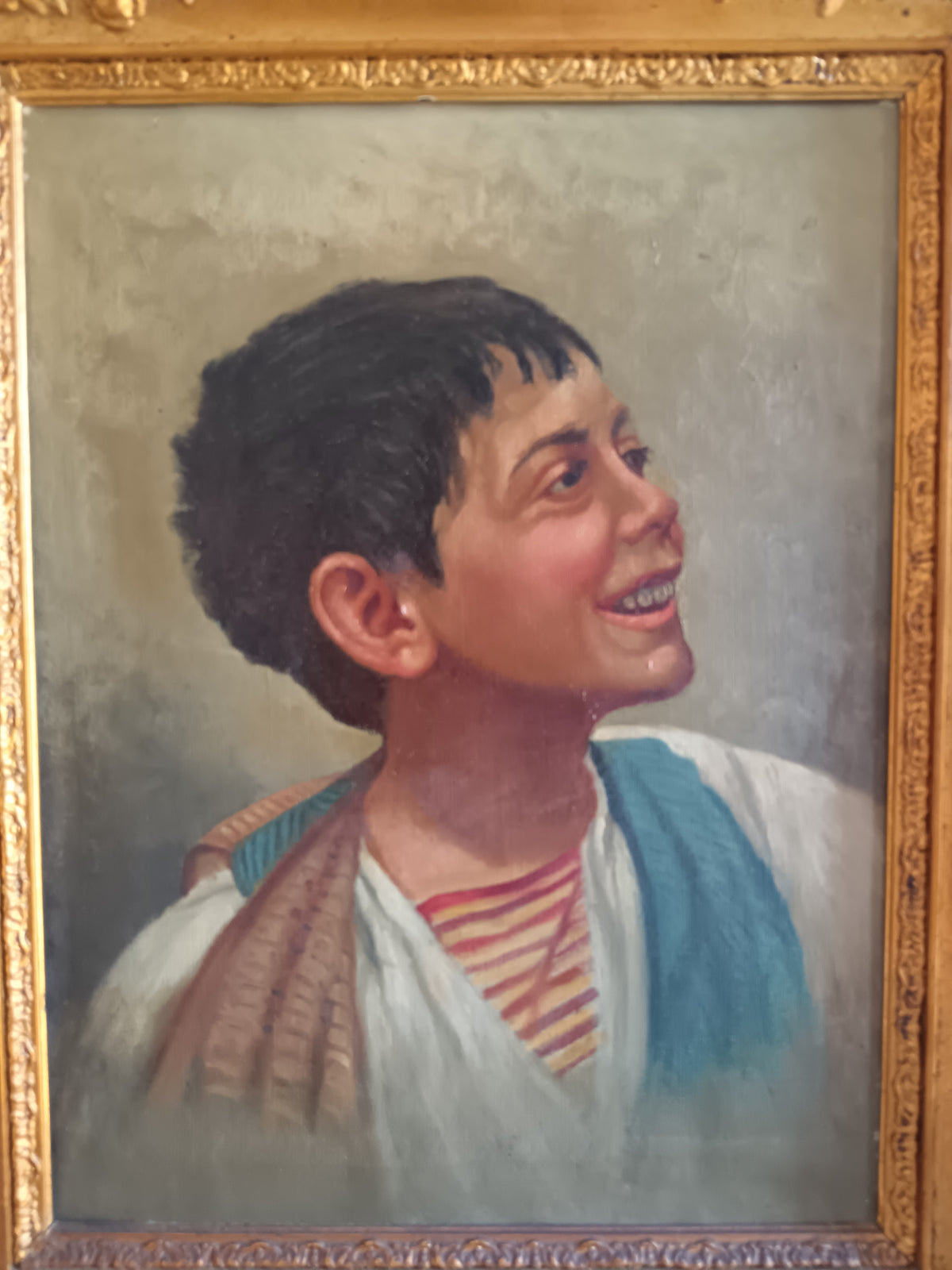Ritratto di Scugnizzo Napoletano – Olio su Tela – Pittura Italiana XX Secolo – Cornice Dorata