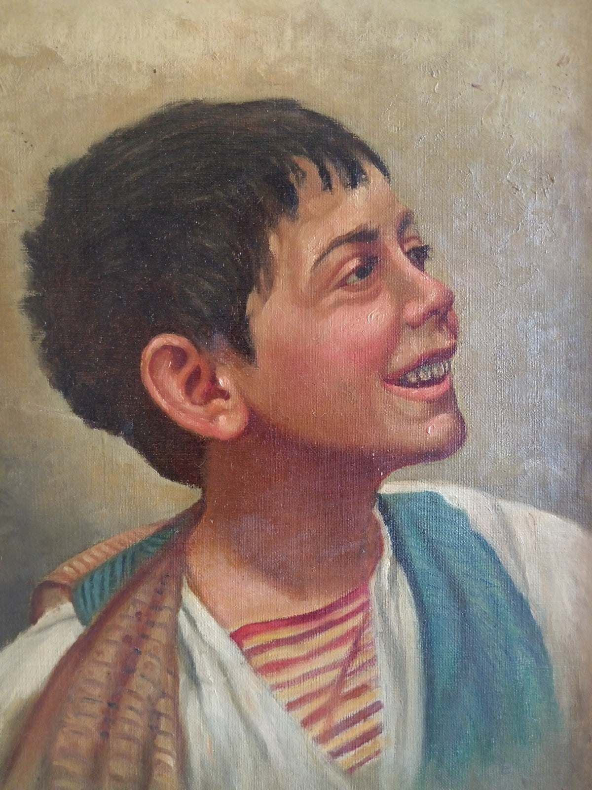 Ritratto di Scugnizzo Napoletano – Olio su Tela – Pittura Italiana XX Secolo – Cornice Dorata