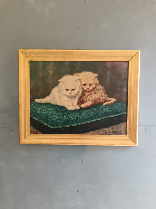 Dipinto Olio su Tela Gatti Persiani Angora Quadro Vintage Cornice Dorata