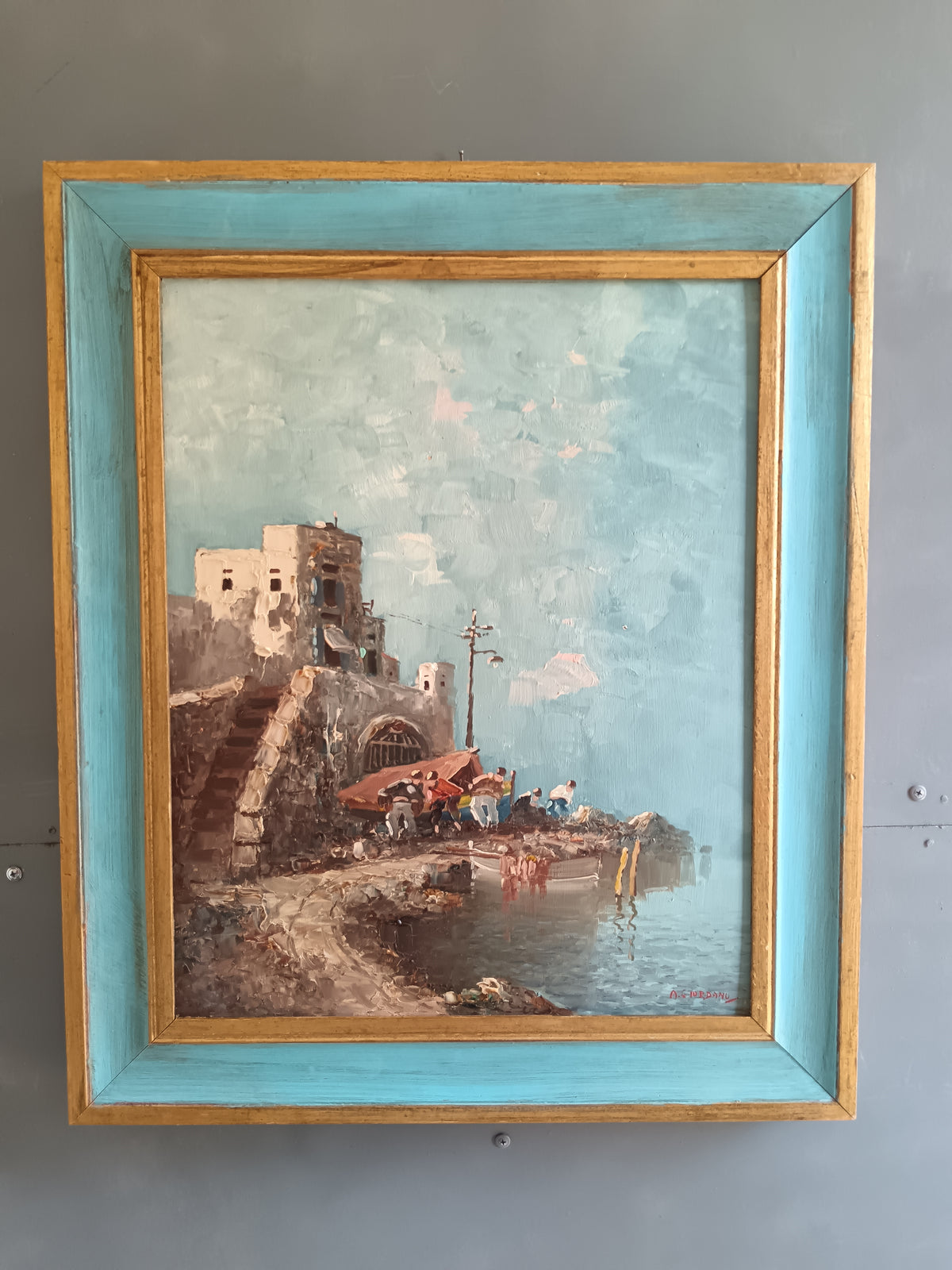 Dipinto Olio su Tavola A. GIORDANO Marechiaro Napoli Quadro con Cornice