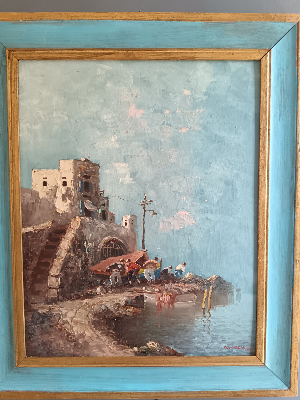 Dipinto Olio su Tavola A. GIORDANO Marechiaro Napoli Quadro con Cornice