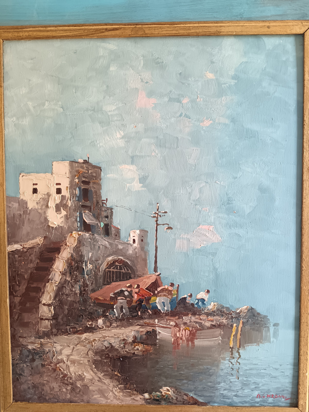 Dipinto Olio su Tavola A. GIORDANO Marechiaro Napoli Quadro con Cornice