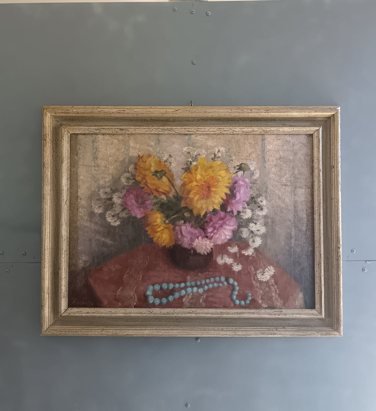 Vintage Still Life Flowers Oil Painting Fiorenza Boccalatte (1900-1976) Framed