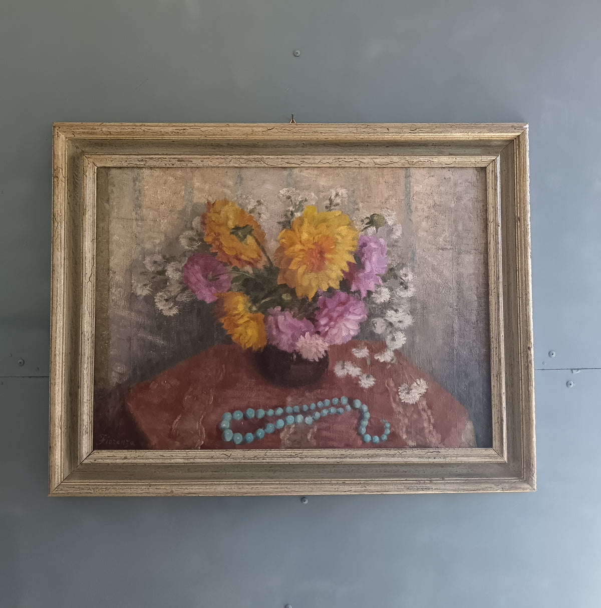 Vintage Still Life Flowers Oil Painting Fiorenza Boccalatte (1900-1976) Framed