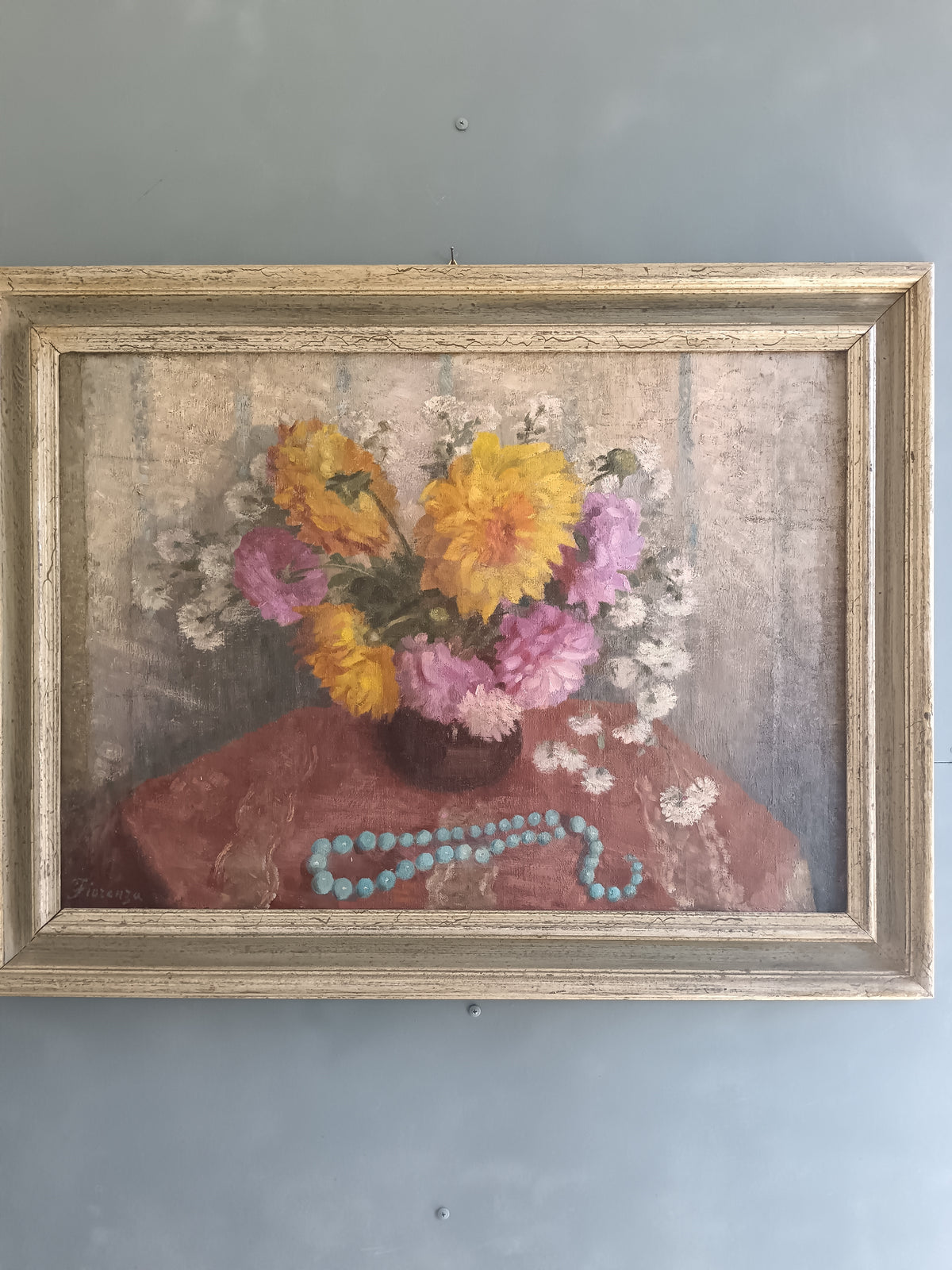 Vintage Still Life Flowers Oil Painting Fiorenza Boccalatte (1900-1976) Framed