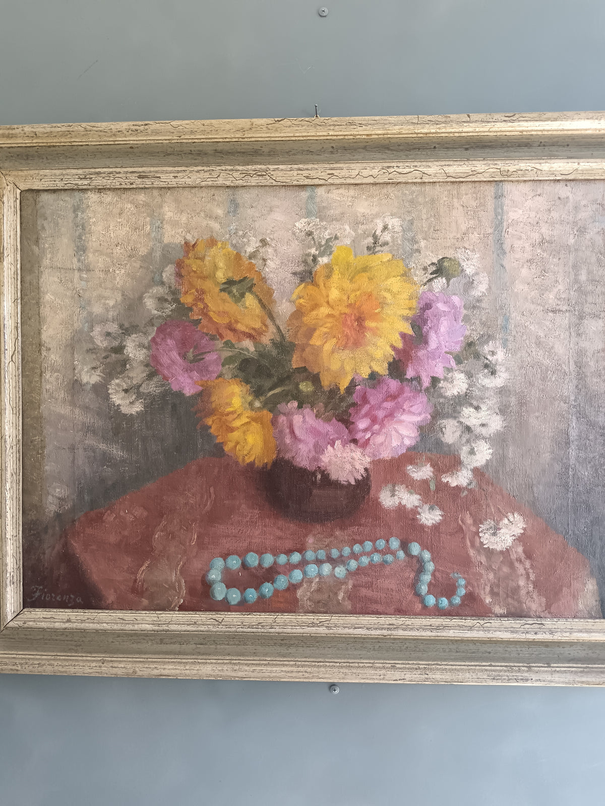 Vintage Still Life Flowers Oil Painting Fiorenza Boccalatte (1900-1976) Framed