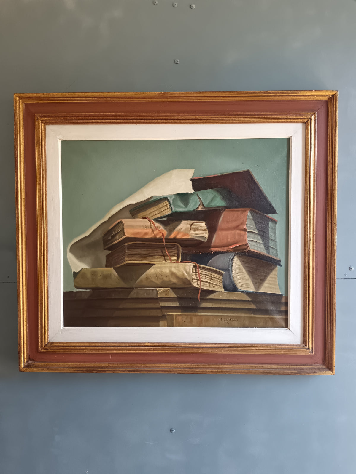 Dipinto Olio su Tela MARINO SOCCI 1972 Natura Morta Libri Antichi Con Cornice