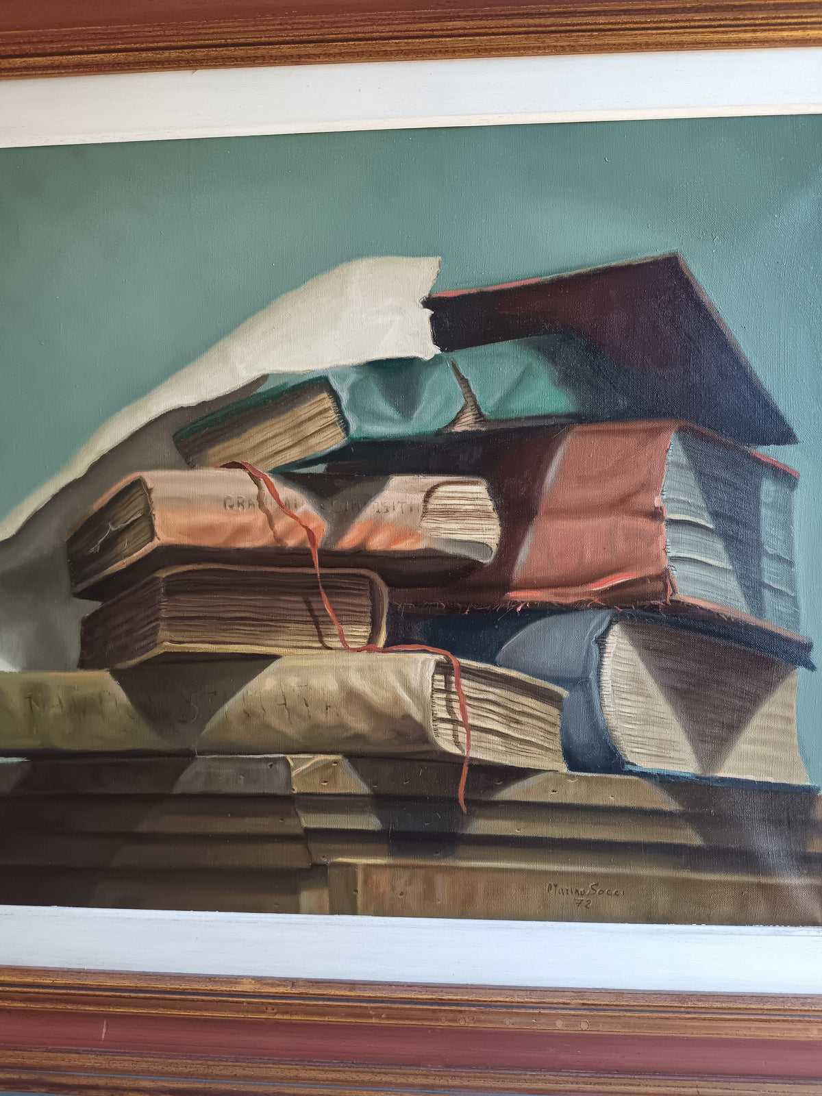 Dipinto Olio su Tela MARINO SOCCI 1972 Natura Morta Libri Antichi Con Cornice