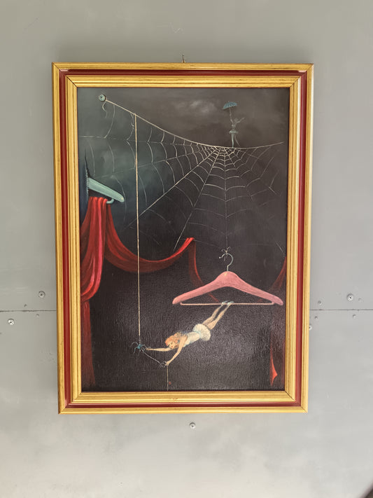Dipinto Surrealista Olio su Tela Firmato – Donna sulla Ragnatela – Arte Fantastica Vintage