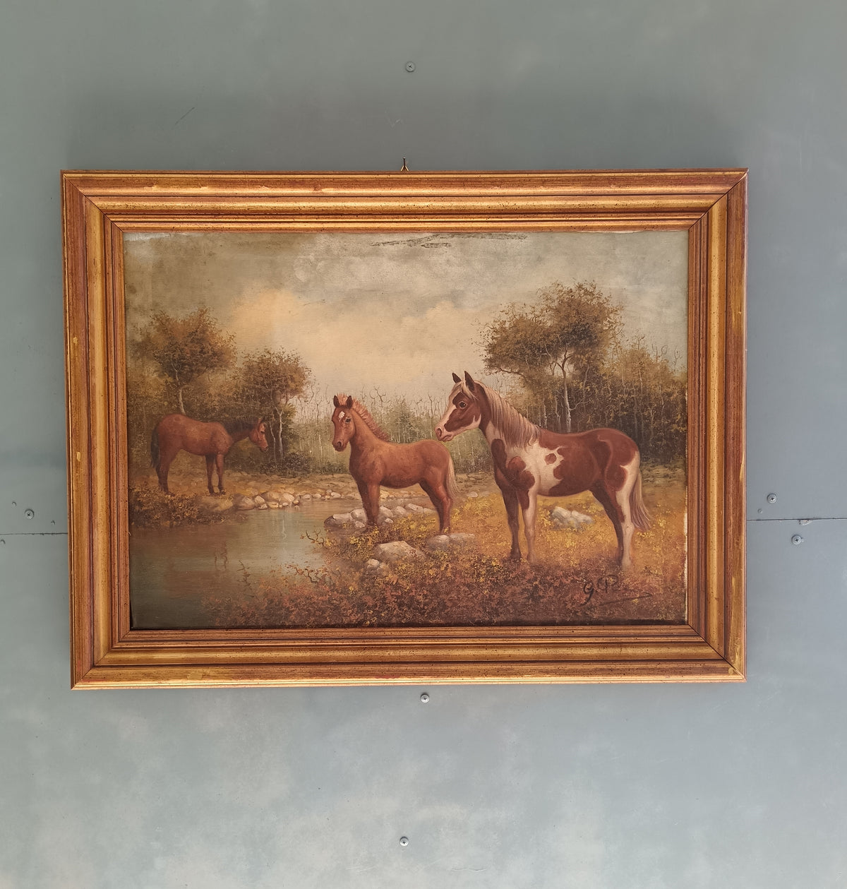 Dipinto Olio su Tela Cavalli Paesaggio Campestre Firmato G.P. 70x50 Vintage