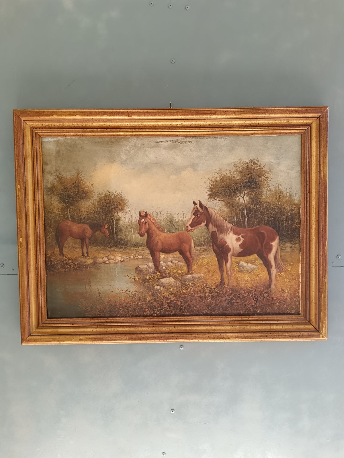 Dipinto Olio su Tela Cavalli Paesaggio Campestre Firmato G.P. 70x50 Vintage