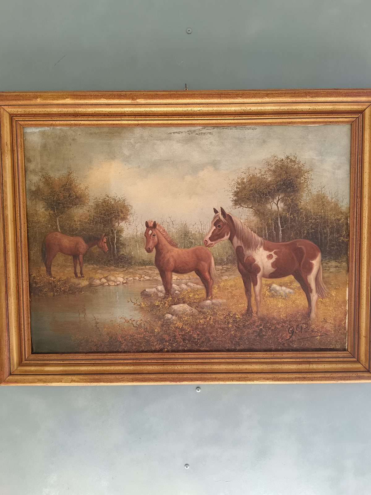 Dipinto Olio su Tela Cavalli Paesaggio Campestre Firmato G.P. 70x50 Vintage