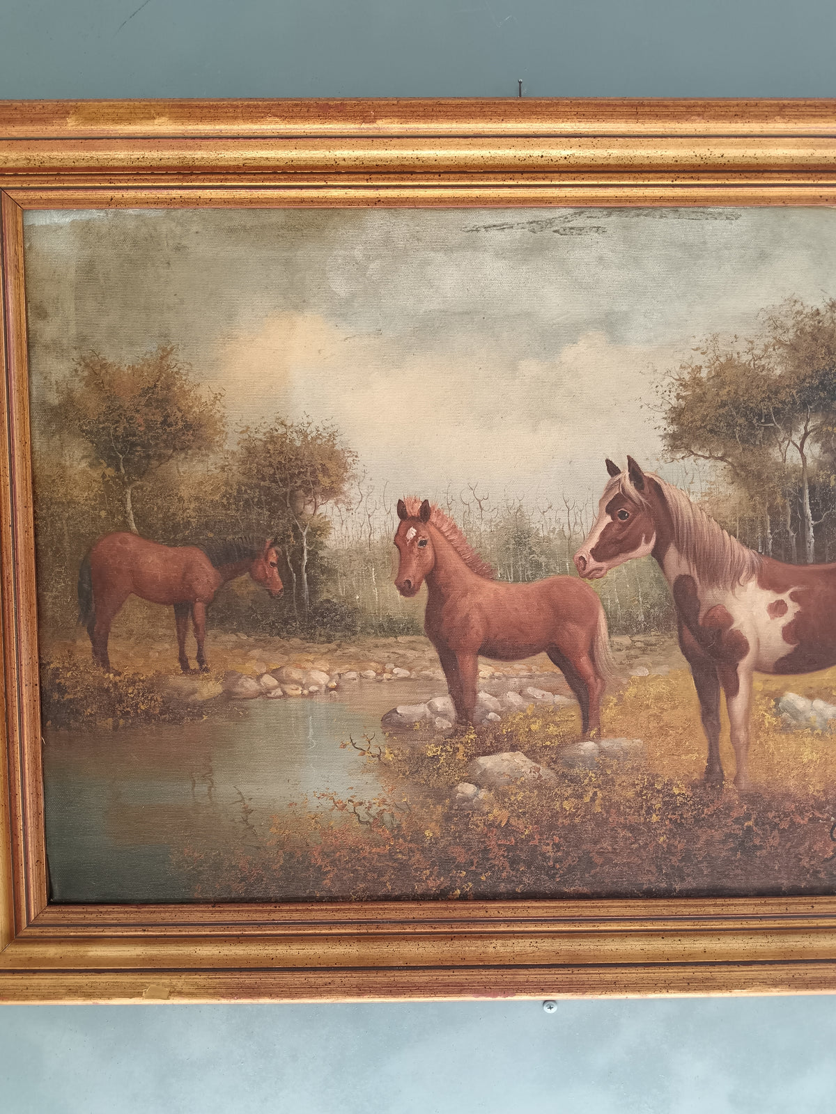 Dipinto Olio su Tela Cavalli Paesaggio Campestre Firmato G.P. 70x50 Vintage