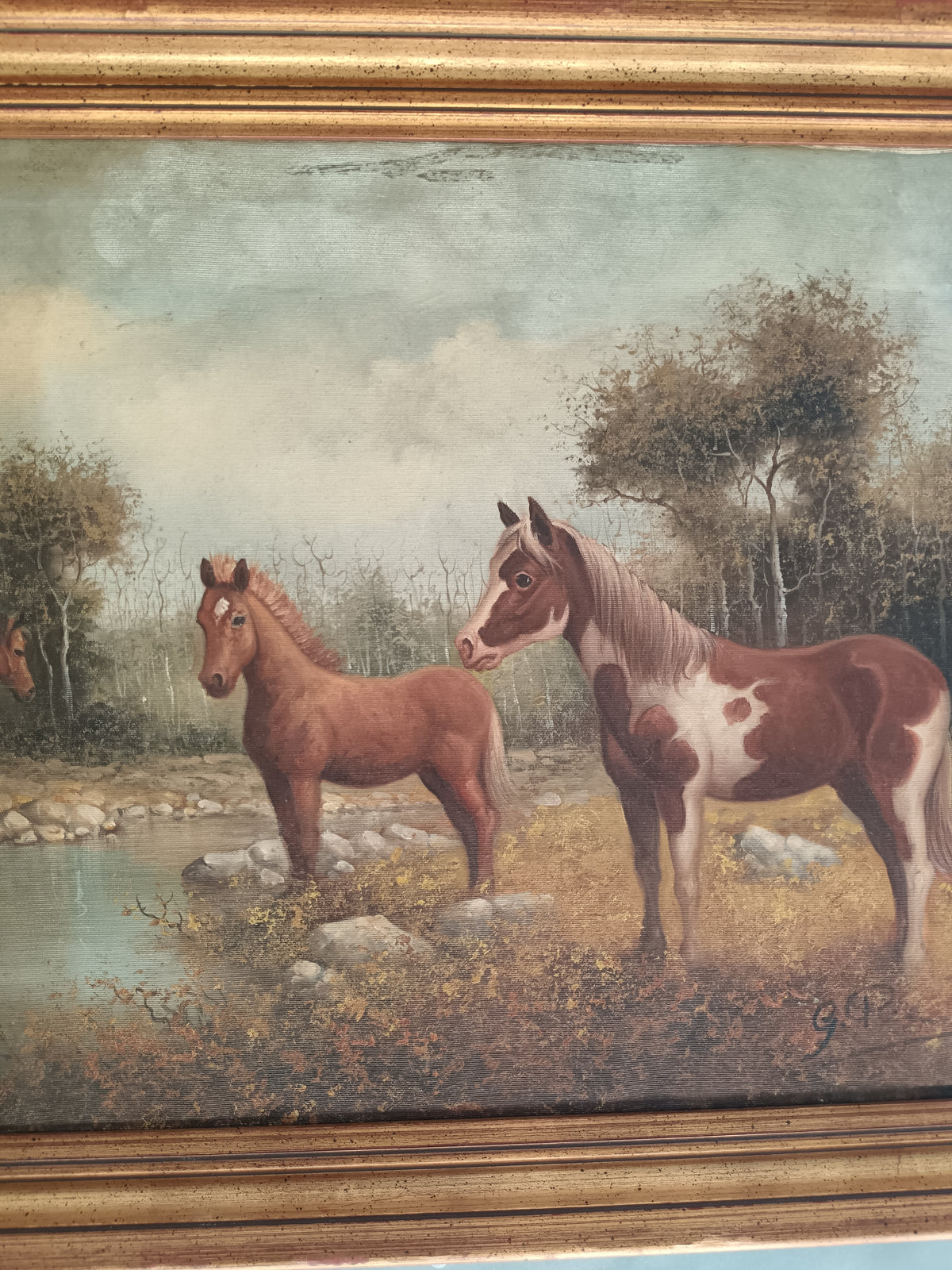 Dipinto Olio su Tela Cavalli Paesaggio Campestre Firmato G.P. 70x50 Vintage