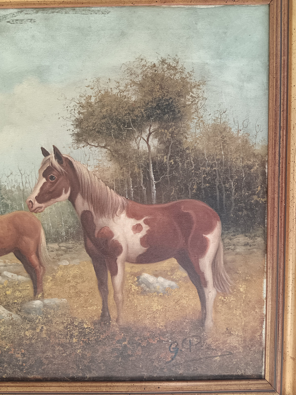 Dipinto Olio su Tela Cavalli Paesaggio Campestre Firmato G.P. 70x50 Vintage
