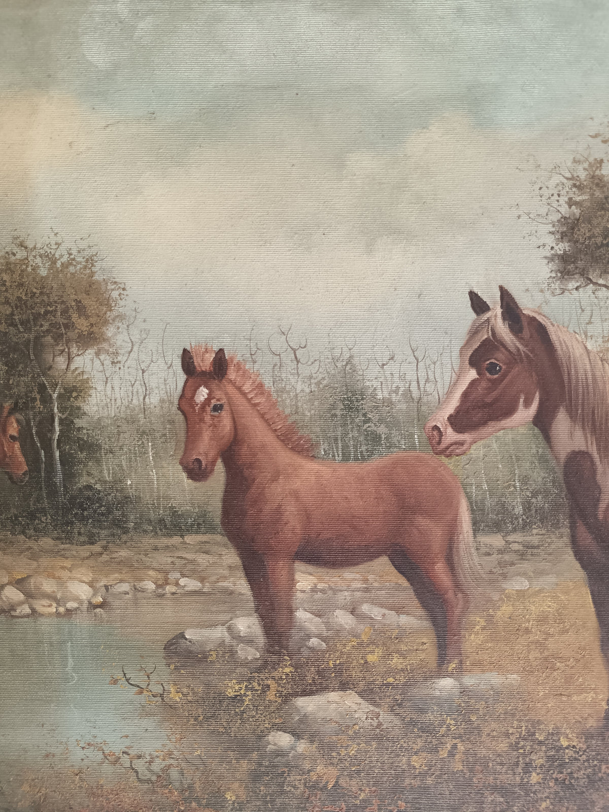 Dipinto Olio su Tela Cavalli Paesaggio Campestre Firmato G.P. 70x50 Vintage