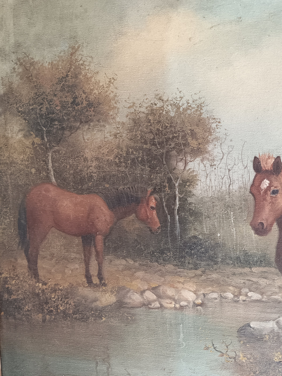 Dipinto Olio su Tela Cavalli Paesaggio Campestre Firmato G.P. 70x50 Vintage