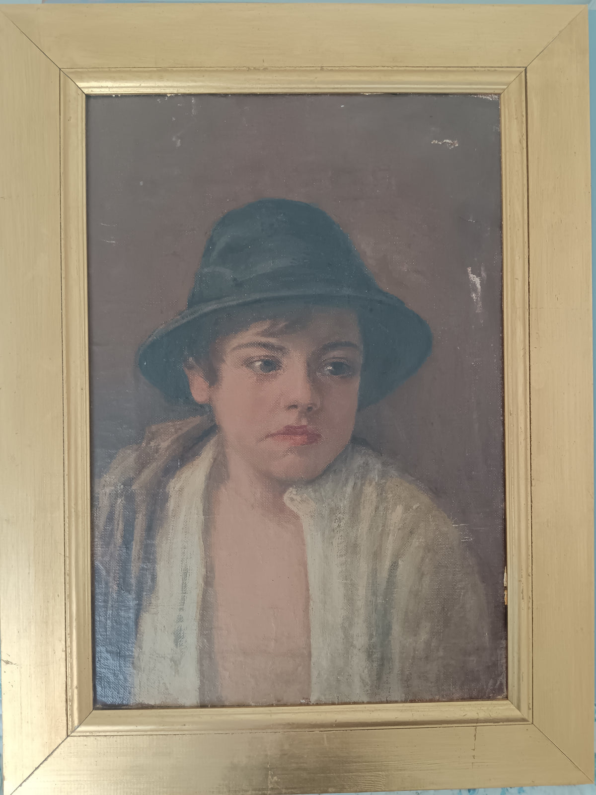 Dipinto Olio Su Tela Fine 800 Ritratto Ragazzo Scugnizzo Con Cappello