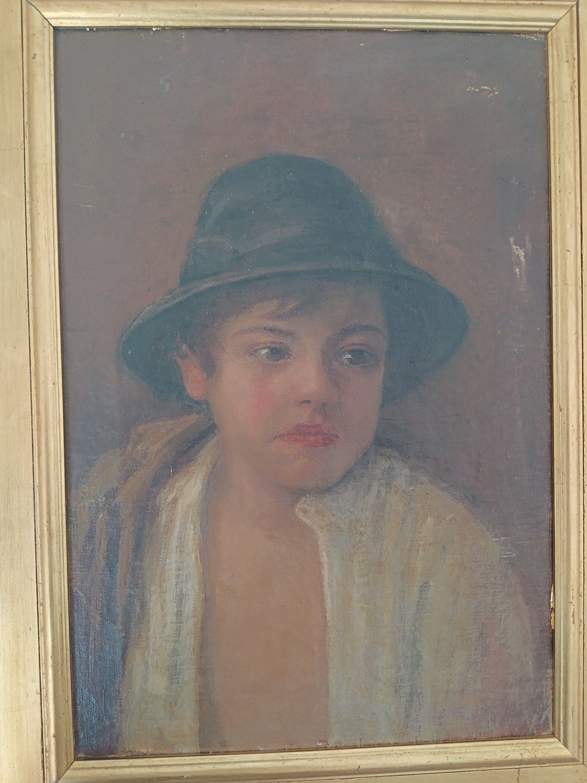 Dipinto Olio Su Tela Fine 800 Ritratto Ragazzo Scugnizzo Con Cappello