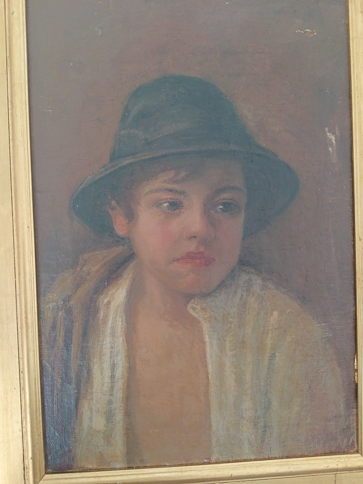 Dipinto Olio Su Tela Fine 800 Ritratto Ragazzo Scugnizzo Con Cappello