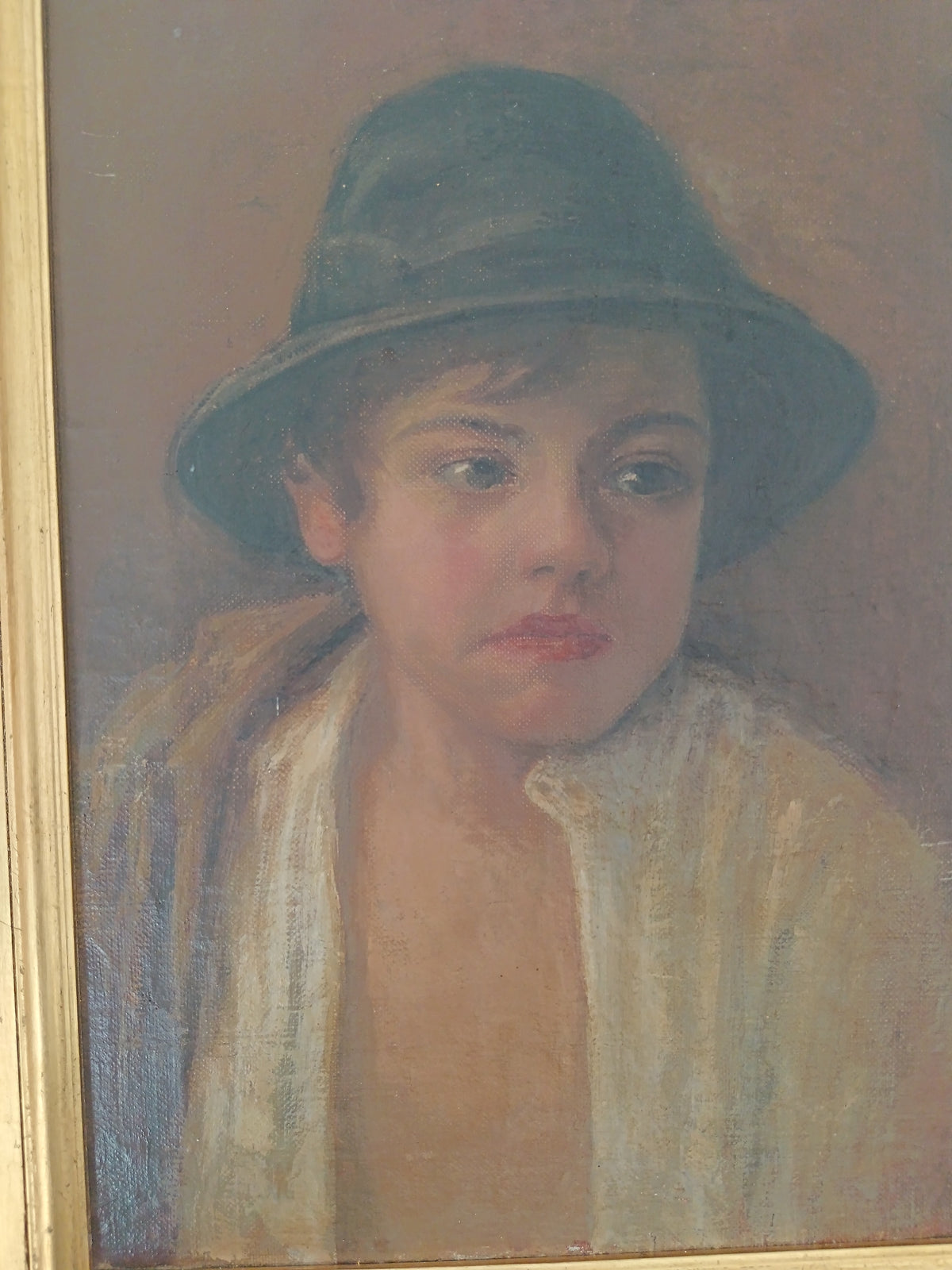 Dipinto Olio Su Tela Fine 800 Ritratto Ragazzo Scugnizzo Con Cappello