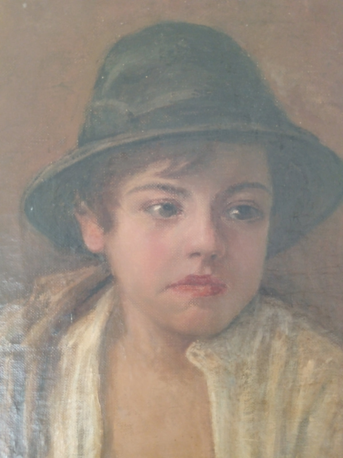 Dipinto Olio Su Tela Fine 800 Ritratto Ragazzo Scugnizzo Con Cappello