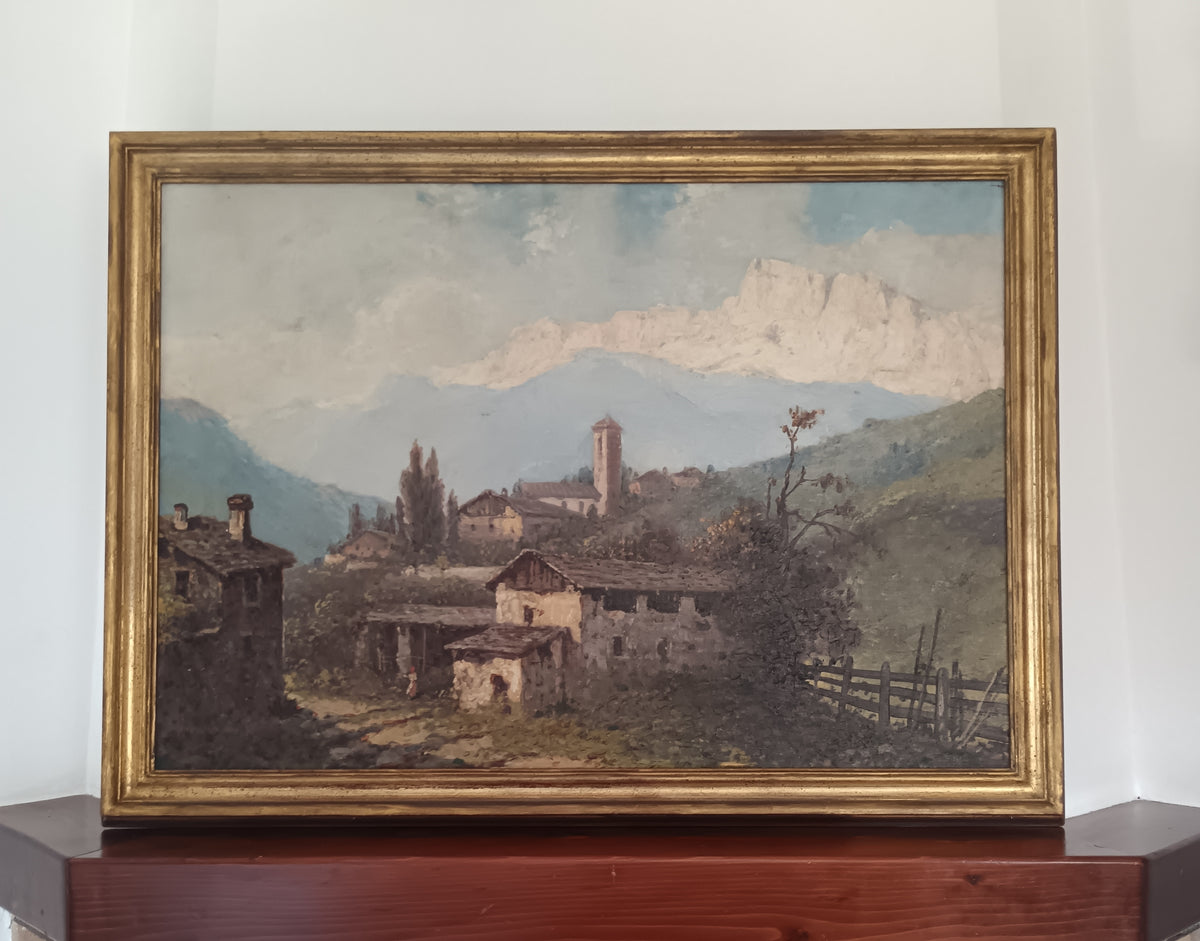 Luigi Liverani (1889-1972) – Paesaggio Montano con Borgo e Chiesa Olio su Tela 100x70