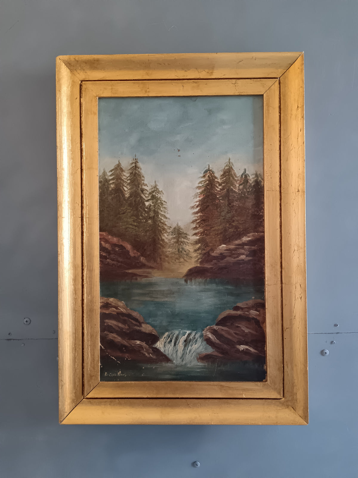 Berthe Curchod (1882-1955) – Paesaggio alpino con lago e cascata – Olio su tela