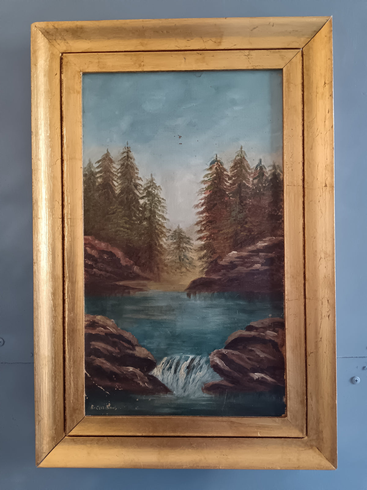 Berthe Curchod (1882-1955) – Paesaggio alpino con lago e cascata – Olio su tela