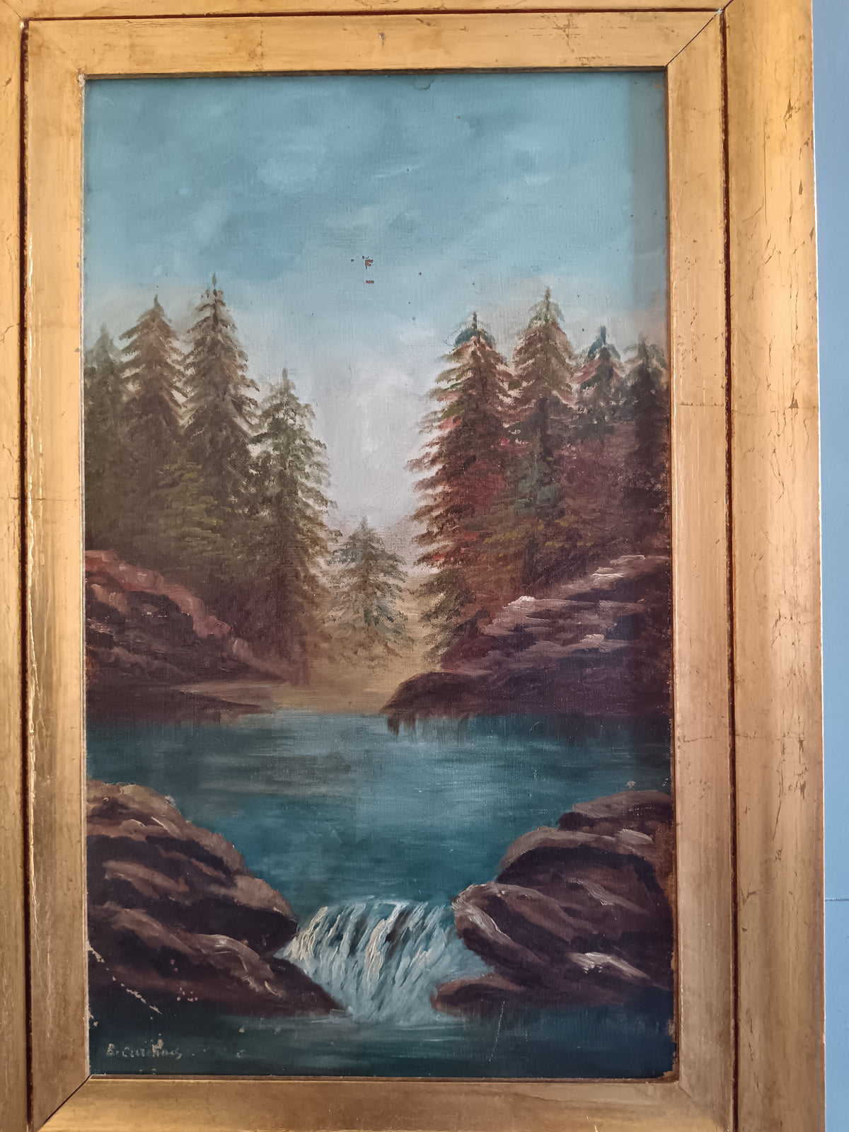 Berthe Curchod (1882-1955) – Paesaggio alpino con lago e cascata – Olio su tela