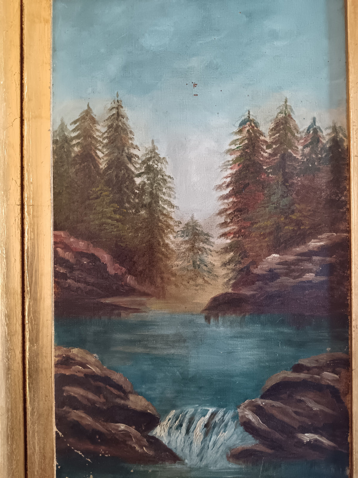 Berthe Curchod (1882-1955) – Paesaggio alpino con lago e cascata – Olio su tela