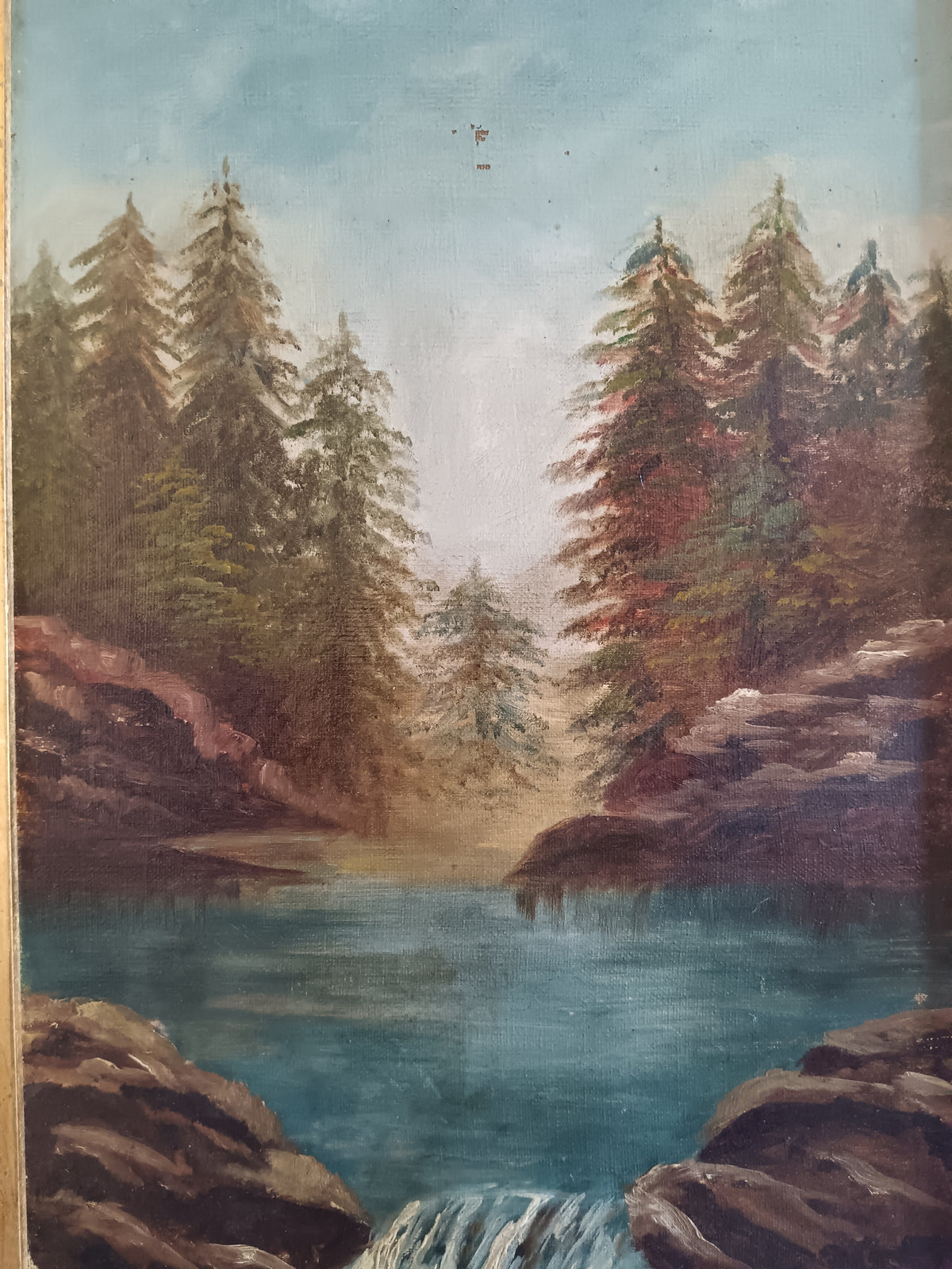 Berthe Curchod (1882-1955) – Paesaggio alpino con lago e cascata – Olio su tela