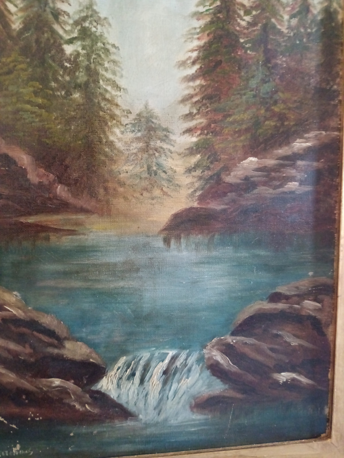 Berthe Curchod (1882-1955) – Paesaggio alpino con lago e cascata – Olio su tela