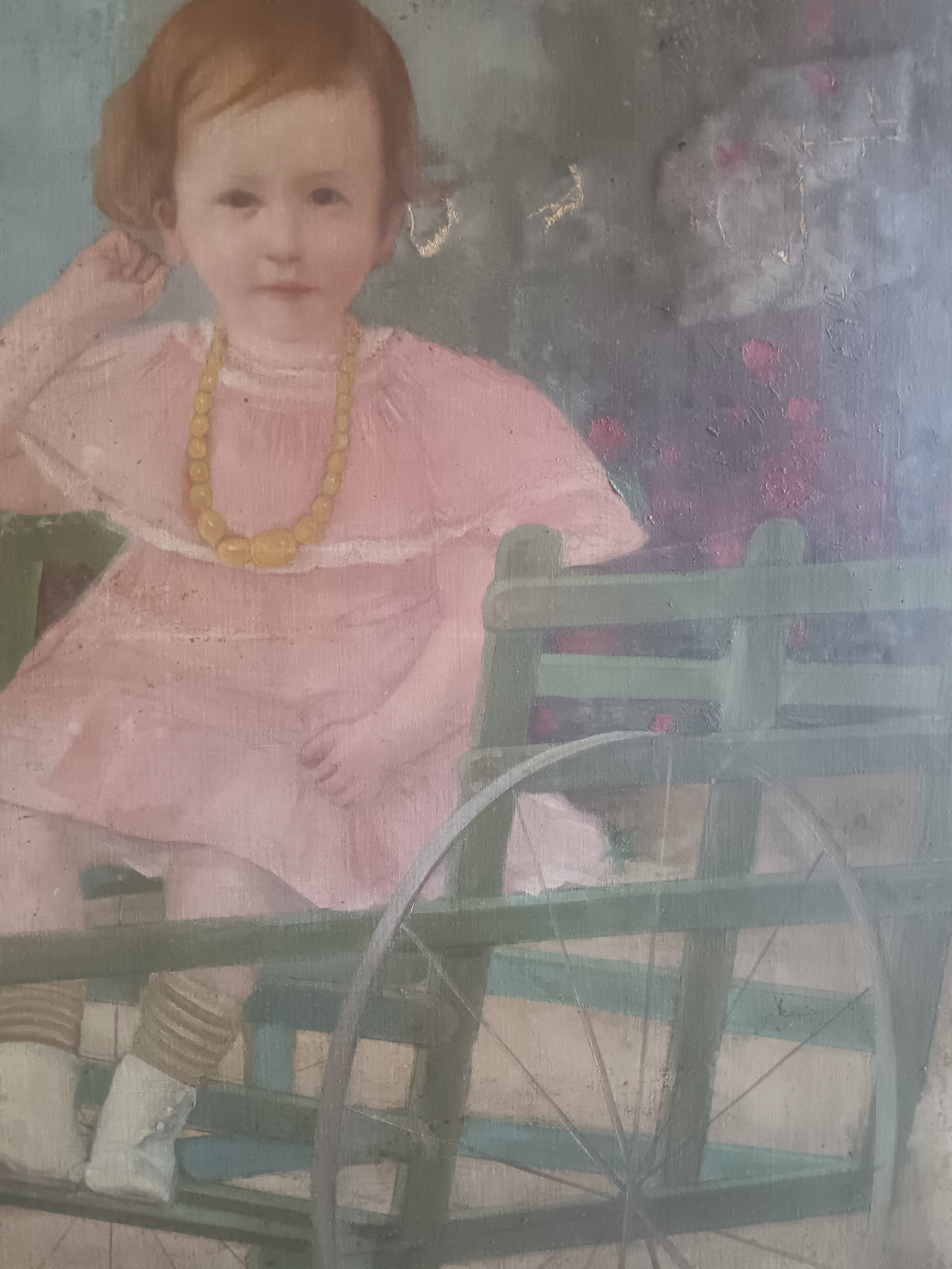 Antico Ritratto di Bambina con Abito Rosa e Giocattolo – Olio su Tela – 72x94 cm