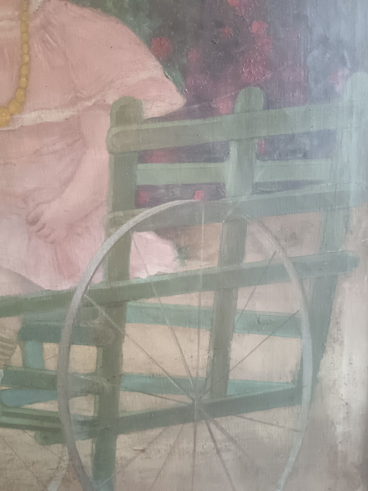 Antico Ritratto di Bambina con Abito Rosa e Giocattolo – Olio su Tela – 72x94 cm