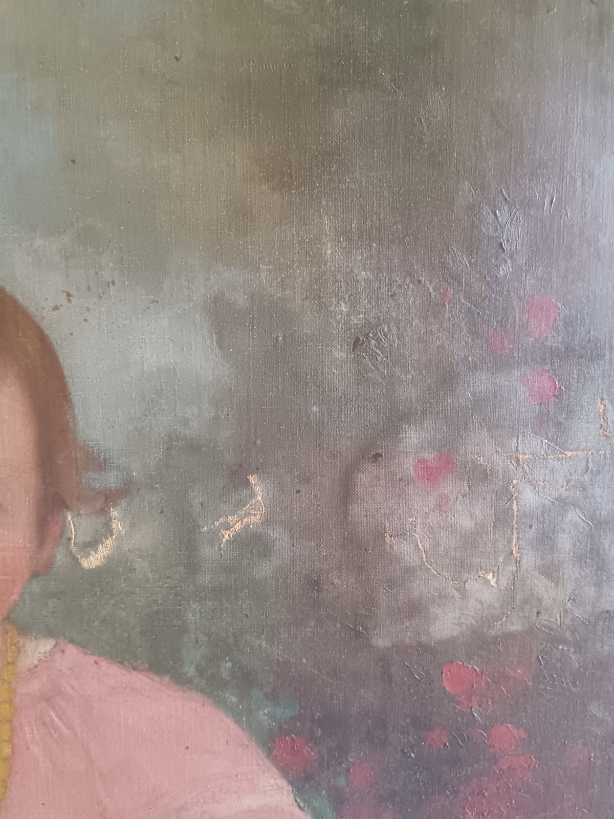 Antico Ritratto di Bambina con Abito Rosa e Giocattolo – Olio su Tela – 72x94 cm