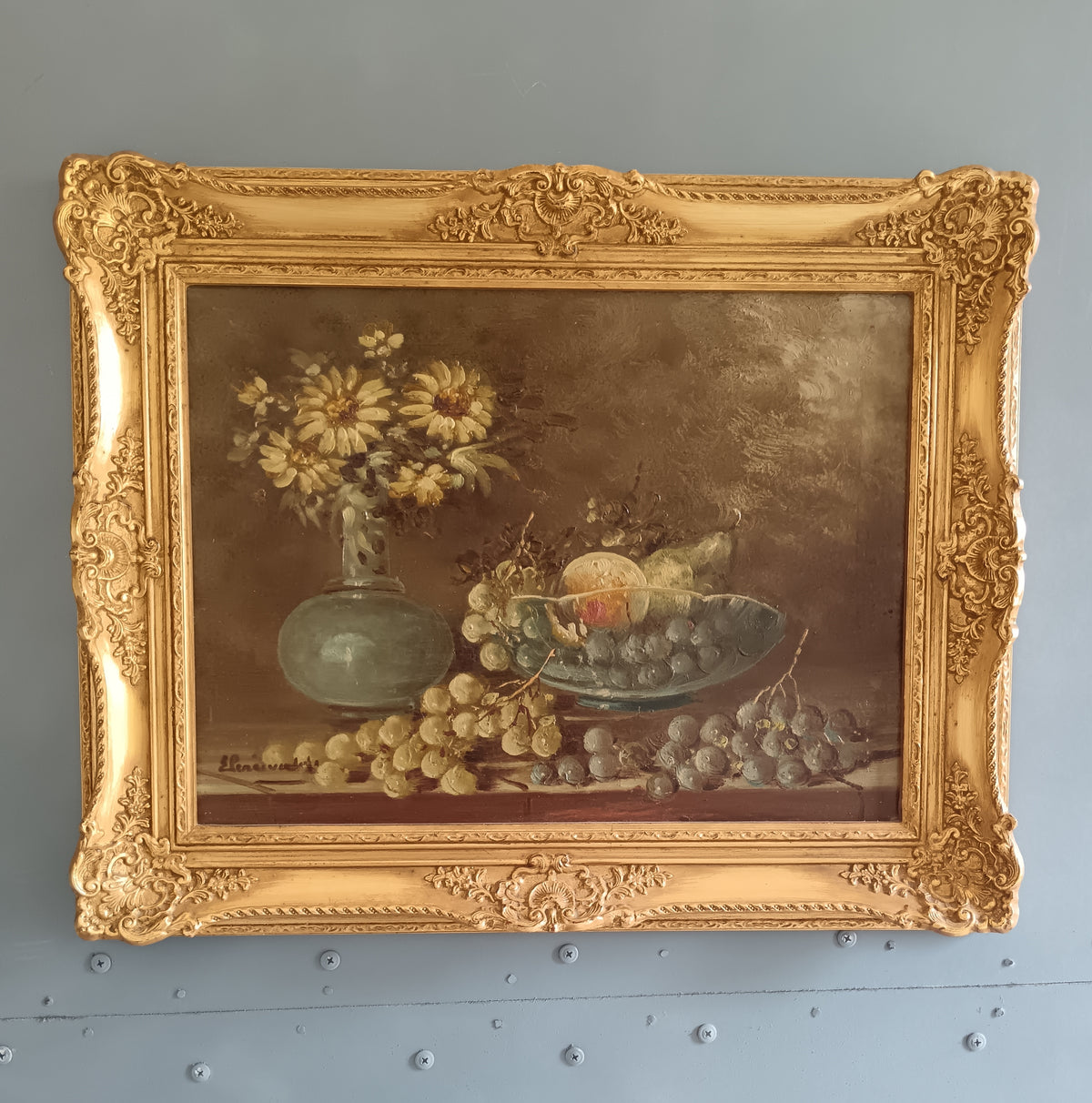 Dipinto Olio su Tavola ETTORE PERCIVALDI Natura Morta Cornice Dorata Barocca