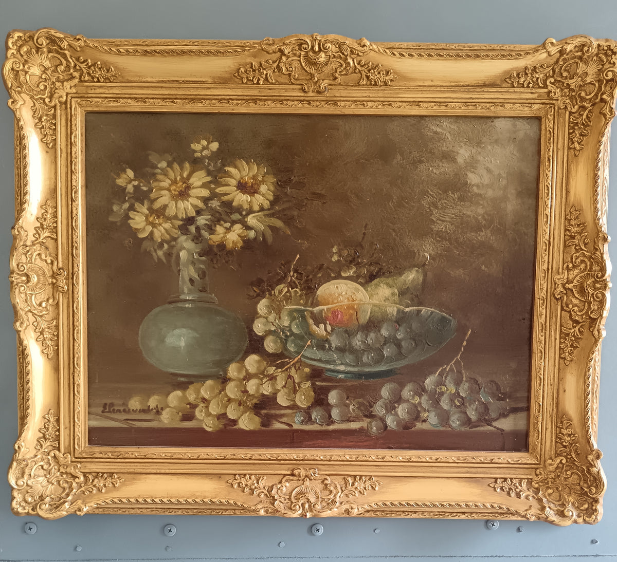 Dipinto Olio su Tavola ETTORE PERCIVALDI Natura Morta Cornice Dorata Barocca